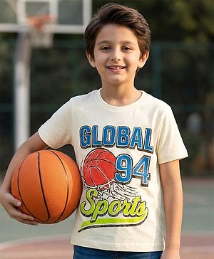 Pine Kids Cotton Knit Half Sleeves T-Shirt with Sport Print - White
