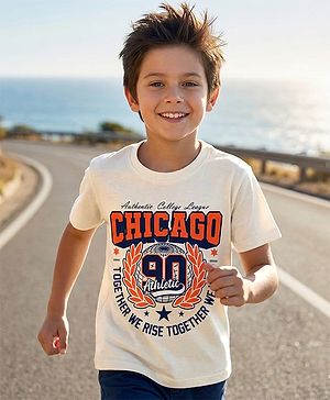 Pine Kids Cotton Knit Half Sleeves T-Shirt with Chicago Print - White