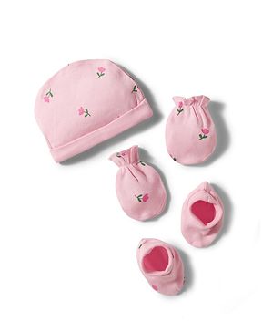 Babyhug 100% Cotton Knit Floral Printed Cap Mittens & Booties Set Pink - Diameter 12.5 cm