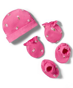 Babyhug 100% Cotton Knit Floral Printed Cap Mittens & Booties Set Pink - Diameter 9.5 cm