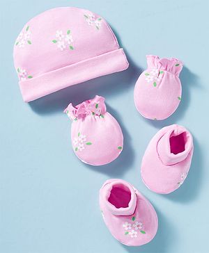 Babyhug 100% Cotton Interlock Knit Cap Mittens & Booties Set With Floral Print Pink - Diameter 13.25 cm