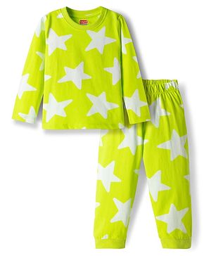 Babyhug Cotton Knit Full Sleeves Co-ords T-Shirt & Pajama Night Suit with Star Print - Light Green