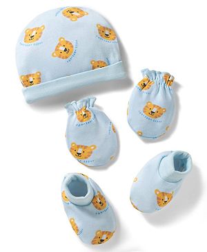 Babyhug 100% Cotton Knit Cap Mittens & Booties Set with Tiger Print Multicolor - Diameter 9.5 cm