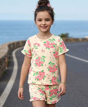 Pine Kids Cotton Knit Half Sleeves T-Shirt & Shorts Co-ord Night Suit With Floral Print - Yellow