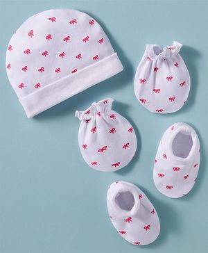Babyhug 100% Cotton Knit Cap Mittens & Booties Set with Bow Print White - Diameter 12 cm