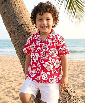 Babyhug Cotton Woven Half Sleeves Leaf Printed Resort Collar Shirt - Red