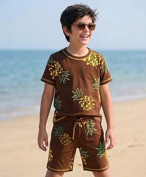 Pine Kids Cotton Knit Half Sleeves T-Shirt & Shorts Co-ord Night Suit With Pineapple Print - Brown