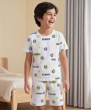 Pine Kids Cotton Knit Half Sleeves Co-ords T-Shirt & Shorts Night Suit with Football Print - White