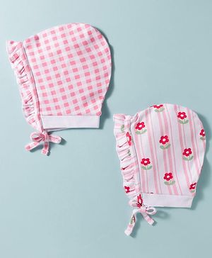 Babyhug 100% Cotton Knit Floral & Checks Printed Caps With Knot Pack Of 2 Multicolour - Diameter 12.5 cm