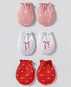 Babyhug 100% Cotton Knit Mittens With Heart & Bow Print Pack of 3 - Multicolor