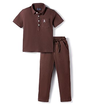 Pine Kids Waffle Knit Half Sleeves Co-ords Solid Color Polo T-Shirt & Pant Set - Brown