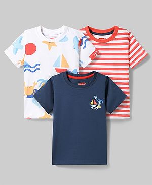 Babyhug Cotton Knit Half Sleeves T-Shirts with Boat Print Pack of 3 - Multicolor