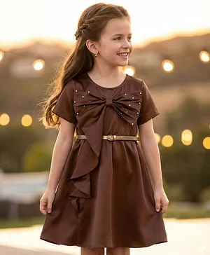 Hola Bonita Woven Half Sleeves Party
                              Dress With Belt Bow Applique & Pearl
                              Detailing - Brown