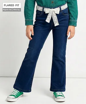 Arias Cotton Woven Full Length Washed
                              Stretch Bootcut Jeans With Lace Belt -
                              Navy Blue