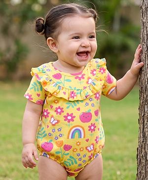 Babyhug 100% Cotton Knit Half Sleeves Onesie with Tropical Theme Print - Yellow