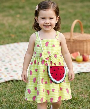 Babyhug Seer Sucker Woven Sleeveless Frock with Watermelon Print & Sling Bag Bow Applique  - Green