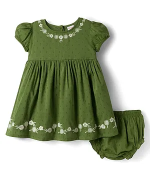 Babyhug Cotton Woven Half Sleeves
                                  Flared Frock & Bloomer With Floral
                                  Embroidery - Green