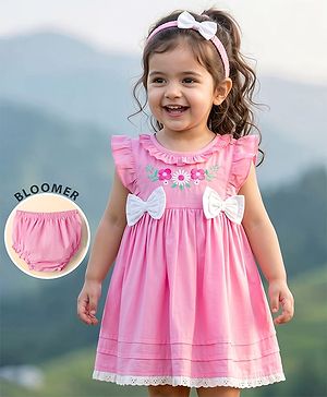 Babyhug Poplin Woven Frock &  Bloomer With Headband Floral Print & Applique - Pink