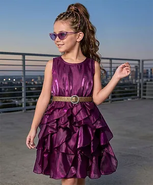 Hola Bonita Woven Sleeveless Shiny
                              Ruffled Party Dress with Belt- Wine