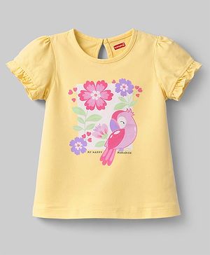 Babyhug Cotton Knit Half Sleeves T-Shirt With Floral & Bird Print - Multicolor