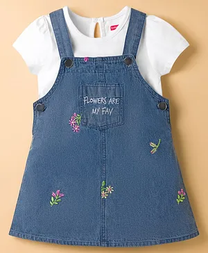 Babyhug 100% Cotton Woven Half Sleeves Floral Embroidered Frock With Inner Tee - Blue