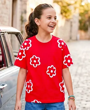 Pine Kids Cotton Knit Half Sleeves
                              T-Shirt With Floral Print - Red