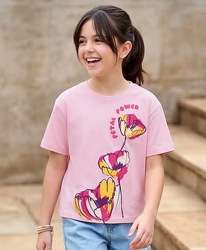 Pine Kids Cotton Knit Drop Shoulder Half Sleeves T-Shirt with Floral Print - Pink