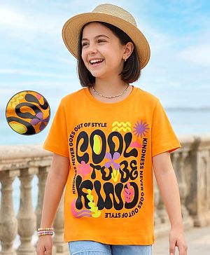 Pine Kids 100% Cotton Knit Half Sleeves Text Printed T-Shirt - Orange