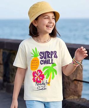 Pine Kids Cotton Knit Half Sleeves T-Shirt with Surfing Print - White