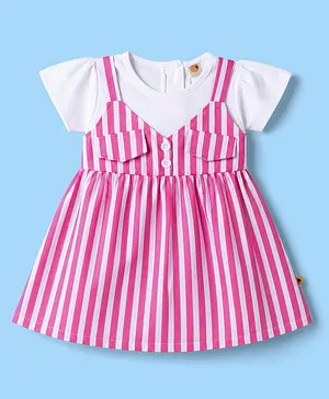 Dew Drops Poplin Knit Half
                                  Sleeves Striped Frock With Attached
                                  Inner Tee - Pink