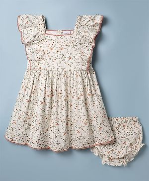 Babyhug Cotton Woven Flutter Sleeves Floral Printed Frock With Bloomer - OffWhite