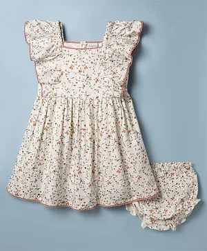 Babyhug Cotton Woven Flutter
                                  Sleeves Floral Printed Frock With
                                  Bloomer - OffWhite