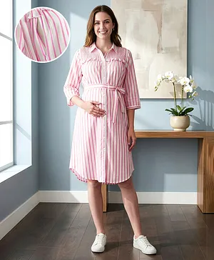 Bella Mama Woven Three Fourth Sleeves
                              Striped Maternity Shirt Dress - Pink