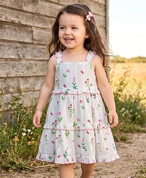 Babyhug Poplin Woven Sleeveless Frock With Floral Print - White