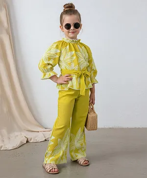 Cutiekins Rayon Woven Three Fourth
                              Sleeves Leaf Printed Top & Palazzo Set
                              - Lemon Yellow & White