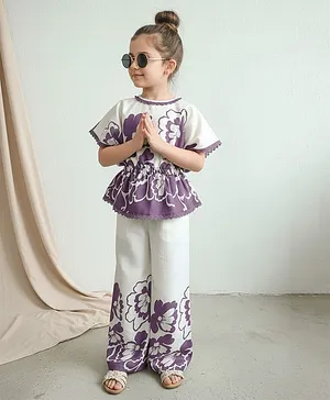 Cutiekins Rayon Woven Half Batwing
                              Sleeves Floral Printed Top & Palazzo
                              Set - Purple & Off White
