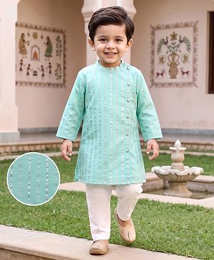 Babyhug Cotton Woven Full Sleeves Striped Kurta & Pyjama Set - Aqua Blue
