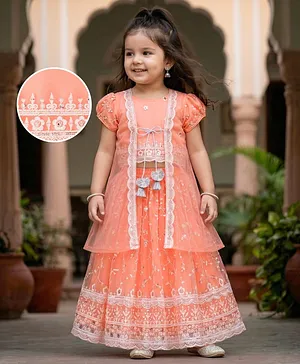 Babyhug Net Woven Sleeveless Floral
                              Embroidered Choli Lehenga & Jacket Set
                              - Orange