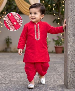 Babyhug Cotton Blend Woven Full Sleeves Solid Colour Dobby Embroidered Kurta Dhoti Set - Red
