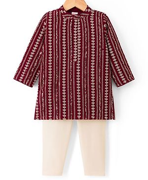 Babyhug Georgette Woven Full Sleeves Kurta Pyjama Set with Sequin & Embroidery Detailing - Maroon