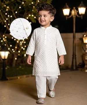 Babyhug Cotton Blend Woven Full Sleeves Kurta Pajama Set with Sequin Embroidery - White
