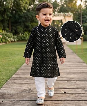Babyhug Cotton Blend Woven Full Sleeves Sequinned Embroidered Kurta Pyjama Set - Black