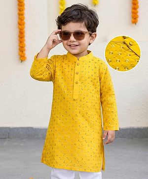 Babyhug Cotton Blend Woven Full Sleeves Kurta Pyjama Set With Sequin Detailing - Yellow