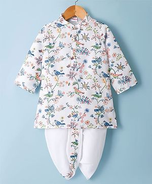 Babyhug Cambric Woven Full Sleeves Kurta Dhoti Set With Floral & Bird Print - White