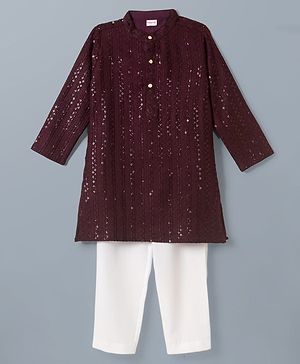 Babyhug Cotton Blend Woven Full Sleeves Embroidered & Sequinned Kurta Pyjama Set - Wine