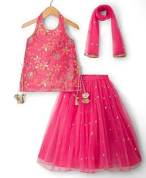 Babyhug Net Woven Sleeveless
                              Embroidered Long Choli Lahenga Set with
                              Foil Print Sequin Detailing & Dupatta
                              - Dark Pink