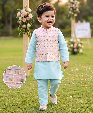 Babyhug Cotton Blend Woven Full Sleeves Kurta Pyjama With Embroidered Nehru Jacket - Light Blue