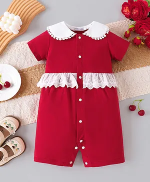 Mark & Mia Cotton Half Sleeves
                              Front Open Romper with Schiffili Detailing
                              - Red