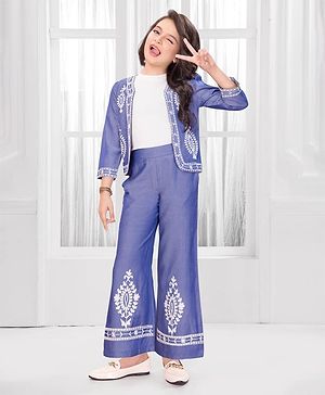 Ministitch Cotton Blend Woven Three Fourth Sleeves Abstract Embroidered Jacket & Pants Set With Tee - Blue