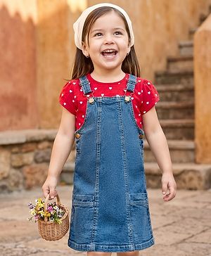 Babyhug Woven Denim Frock & Half Sleeves Inner Tee With Heart Print - Blue & Red